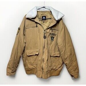 Bradford Exchange Mens Tan Bomber Jacket XL Zip Lined Embroidered Logo Army